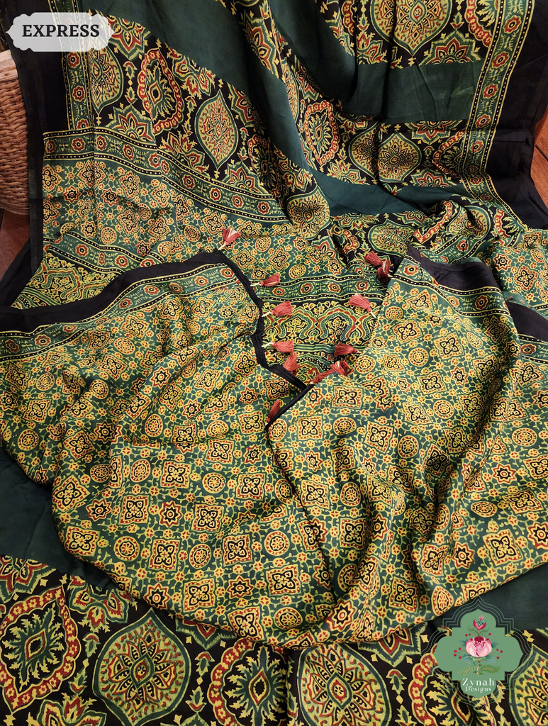 Zynah Green Modal Ajrakh Silk Saree Crafted Using The Traditional Method Of Hand Block Printing Using 100% Natural Dyes; Custom Stitched/Ready-made Blouse, Fall, Petticoat; SKU: 1402202505