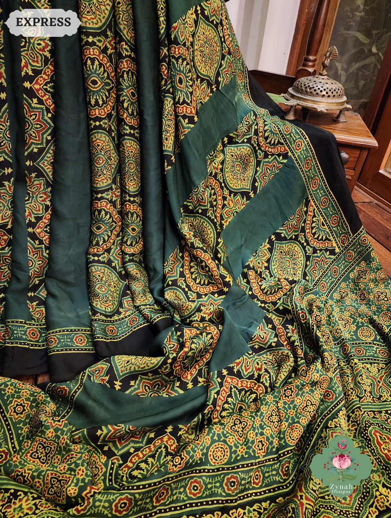 Zynah Green Modal Ajrakh Silk Saree Crafted Using The Traditional Method Of Hand Block Printing Using 100% Natural Dyes; Custom Stitched/Ready-made Blouse, Fall, Petticoat; SKU: 1402202505
