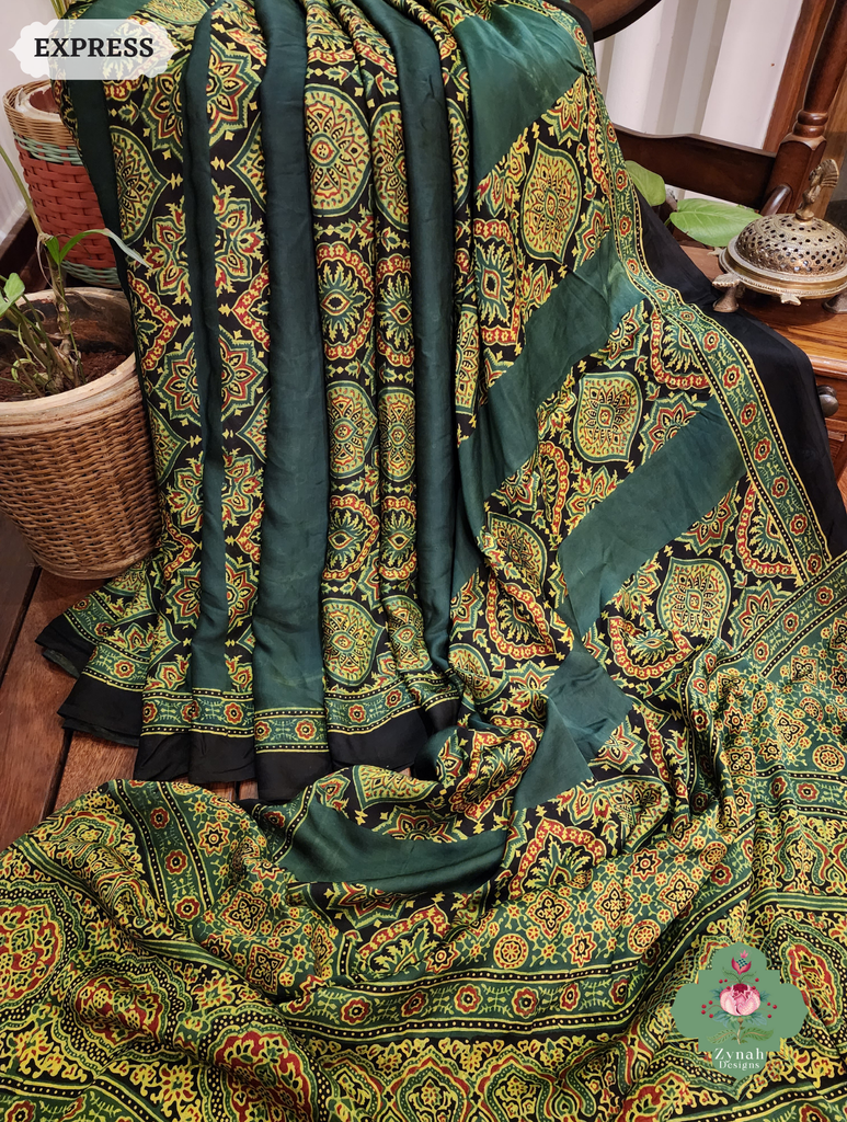 Zynah Green Modal Ajrakh Silk Saree Crafted Using The Traditional Method Of Hand Block Printing Using 100% Natural Dyes; Custom Stitched/Ready-made Blouse, Fall, Petticoat; SKU: 1402202505