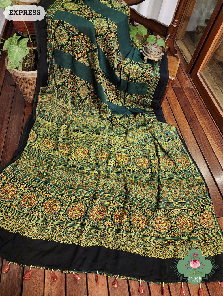 Zynah Green Modal Ajrakh Silk Saree Crafted Using The Traditional Method Of Hand Block Printing Using 100% Natural Dyes; Custom Stitched/Ready-made Blouse, Fall, Petticoat; SKU: 1402202505