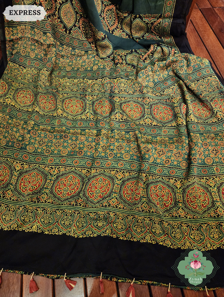 Zynah Green Modal Ajrakh Silk Saree Crafted Using The Traditional Method Of Hand Block Printing Using 100% Natural Dyes; Custom Stitched/Ready-made Blouse, Fall, Petticoat; SKU: 1402202505
