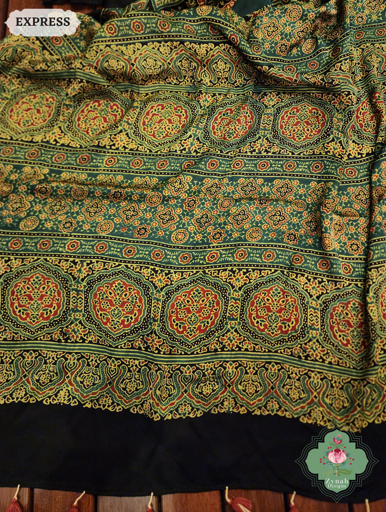 Zynah Green Modal Ajrakh Silk Saree Crafted Using The Traditional Method Of Hand Block Printing Using 100% Natural Dyes; Custom Stitched/Ready-made Blouse, Fall, Petticoat; SKU: 1402202505