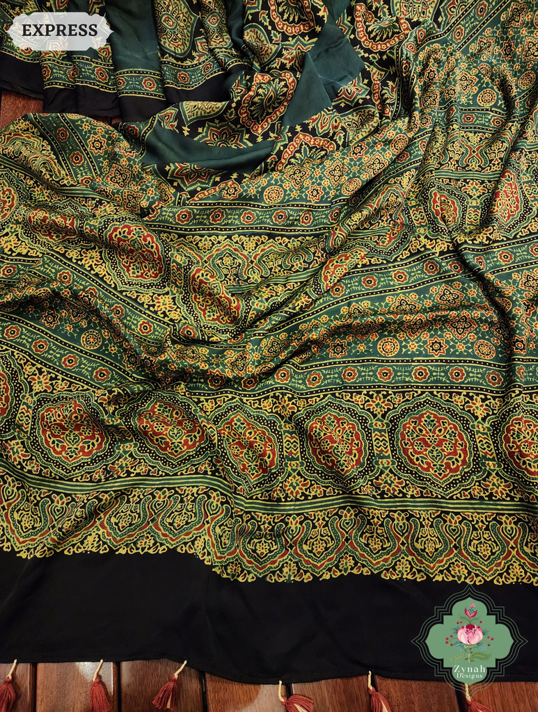 Zynah Green Modal Ajrakh Silk Saree Crafted Using The Traditional Method Of Hand Block Printing Using 100% Natural Dyes; Custom Stitched/Ready-made Blouse, Fall, Petticoat; SKU: 1402202505