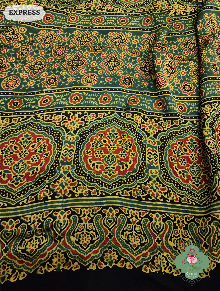 Zynah Green Modal Ajrakh Silk Saree Crafted Using The Traditional Method Of Hand Block Printing Using 100% Natural Dyes; Custom Stitched/Ready-made Blouse, Fall, Petticoat; SKU: 1402202505
