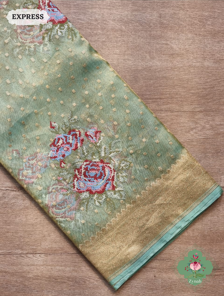 Green Handwoven Banarasi Tissue Silk Saree With Kanchi Border, All Over Butis & Cross-Stitched Inspired Butis