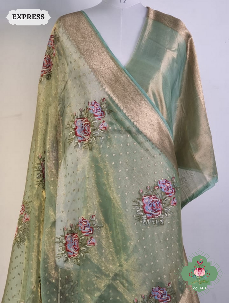 Green Handwoven Banarasi Tissue Silk Saree With Kanchi Border, All Over Butis & Cross-Stitched Inspired Butis
