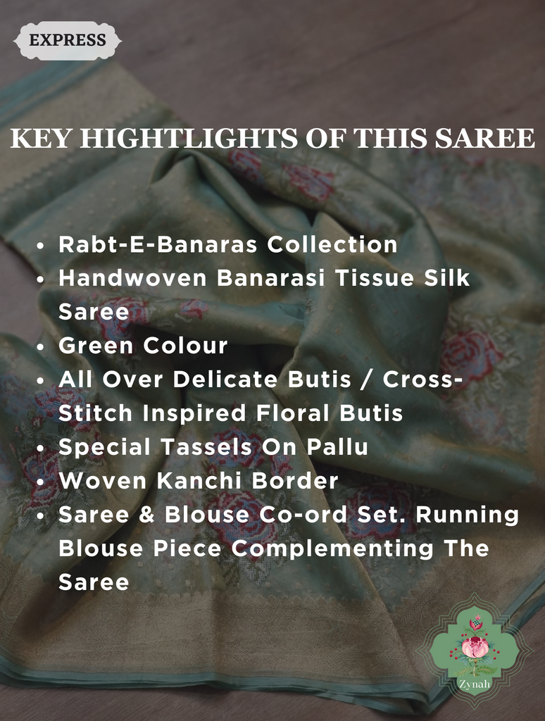 Green Handwoven Banarasi Tissue Silk Saree With Kanchi Border, All Over Butis & Cross-Stitched Inspired Butis