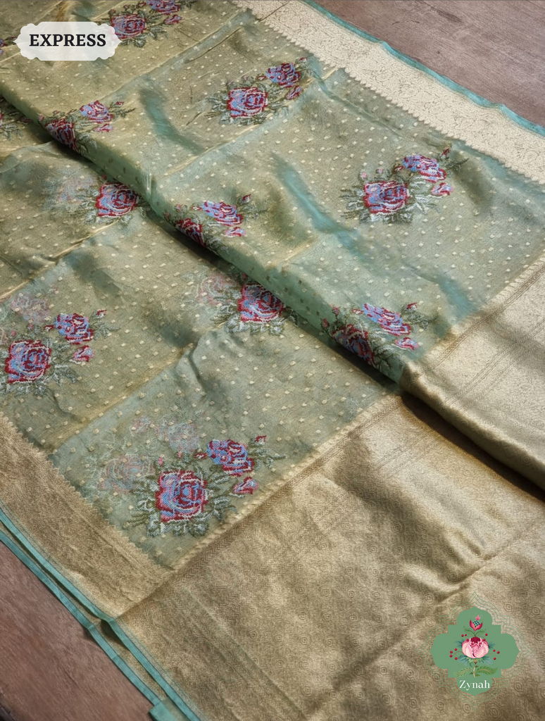 Green Handwoven Banarasi Tissue Silk Saree With Kanchi Border, All Over Butis & Cross-Stitched Inspired Butis