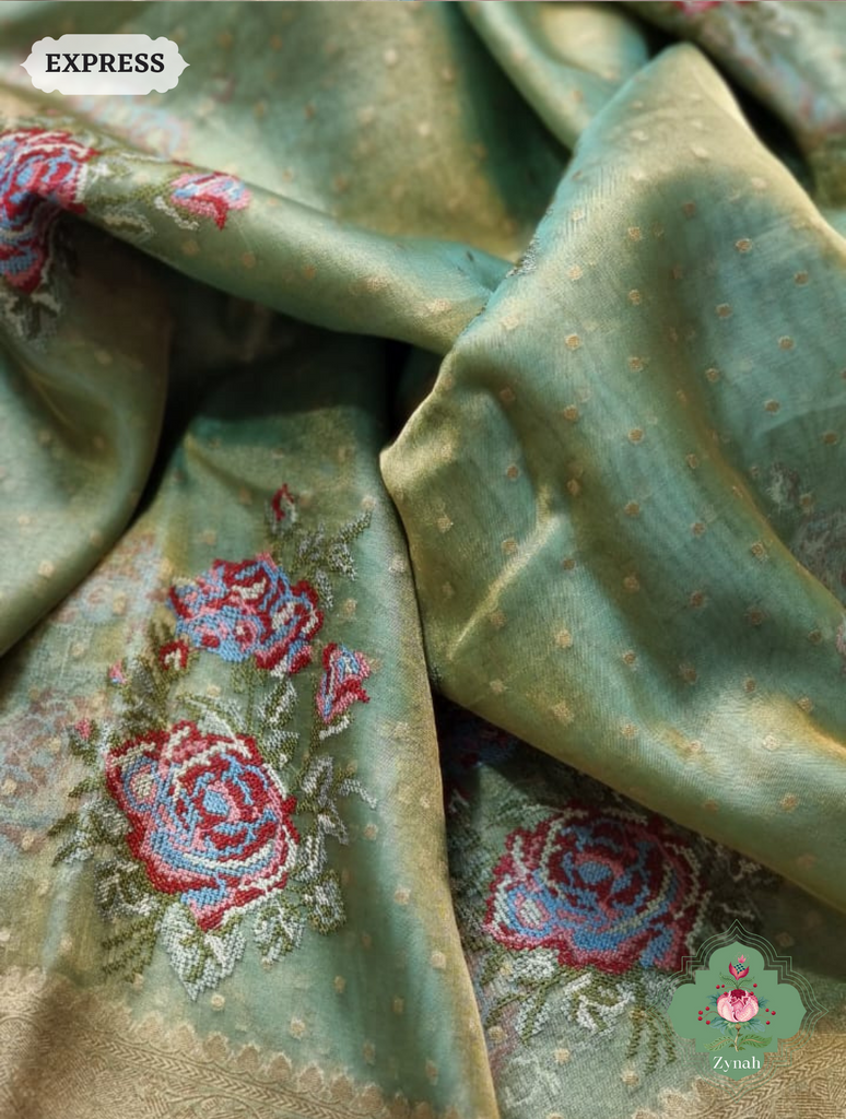 Green Handwoven Banarasi Tissue Silk Saree With Kanchi Border, All Over Butis & Cross-Stitched Inspired Butis