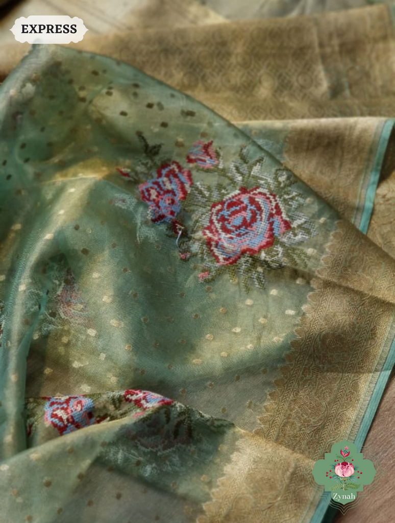 Green Handwoven Banarasi Tissue Silk Saree With Kanchi Border, All Over Butis & Cross-Stitched Inspired Butis