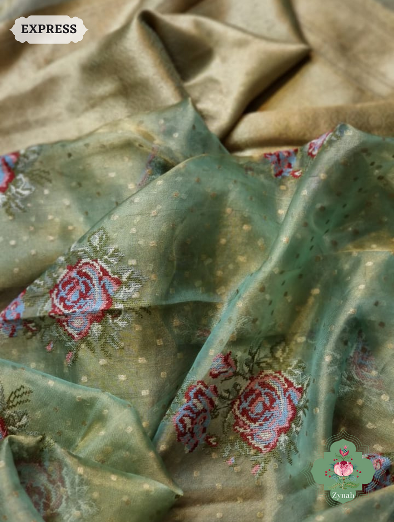 Green Handwoven Banarasi Tissue Silk Saree With Kanchi Border, All Over Butis & Cross-Stitched Inspired Butis