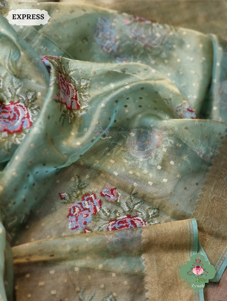 Green Handwoven Banarasi Tissue Silk Saree With Kanchi Border, All Over Butis & Cross-Stitched Inspired Butis