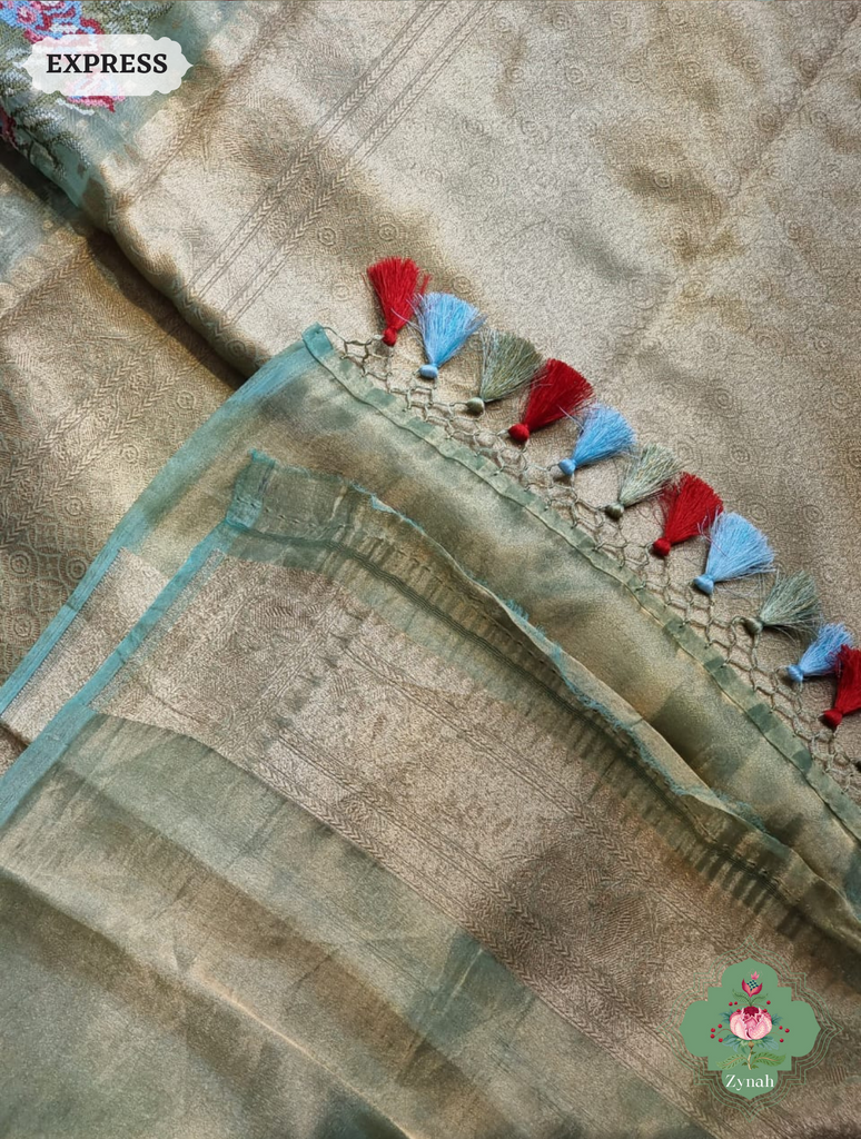 Green Handwoven Banarasi Tissue Silk Saree With Kanchi Border, All Over Butis & Cross-Stitched Inspired Butis