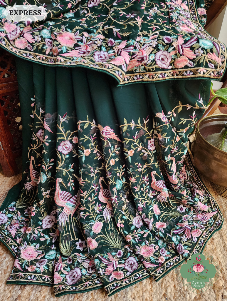 Zynah Green Pure Georgette Saree With Parsi Gara Inspired Embroidery; Custom Stitched/Ready-made Blouse, Fall, Petticoat; SKU: 2008202502