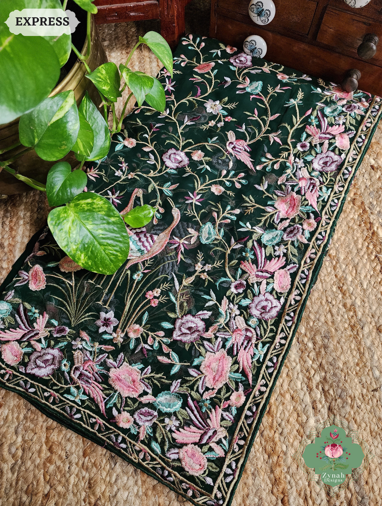 Zynah Green Pure Georgette Saree With Parsi Gara Inspired Embroidery; Custom Stitched/Ready-made Blouse, Fall, Petticoat; SKU: 2008202502