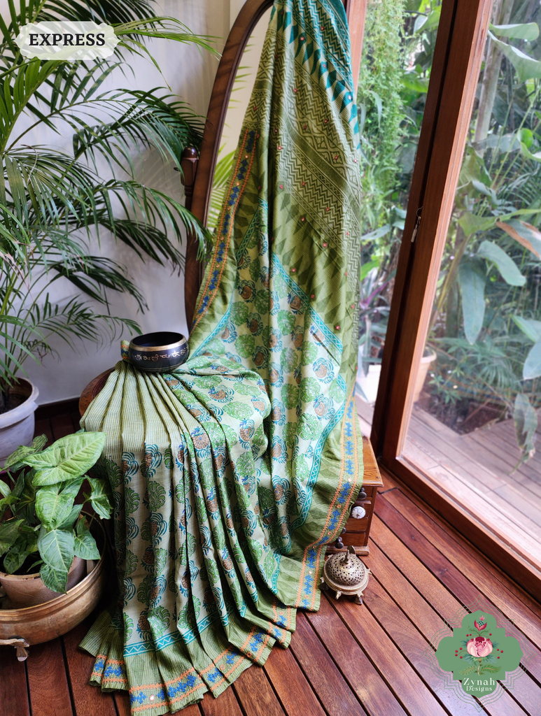 Zynah Green Hand-Block Printed Tussar Silk Saree With Kutch Embroidery; Custom Stitched/Ready-made Blouse, Fall, Petticoat; SKU: 2805202506