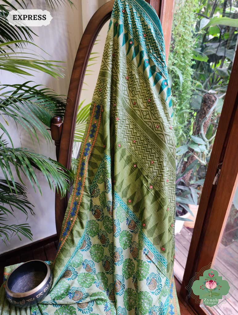 Zynah Green Hand-Block Printed Tussar Silk Saree With Kutch Embroidery; Custom Stitched/Ready-made Blouse, Fall, Petticoat; SKU: 2805202506