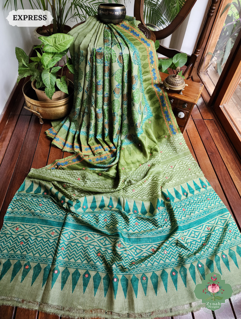 Zynah Green Hand-Block Printed Tussar Silk Saree With Kutch Embroidery; Custom Stitched/Ready-made Blouse, Fall, Petticoat; SKU: 2805202506