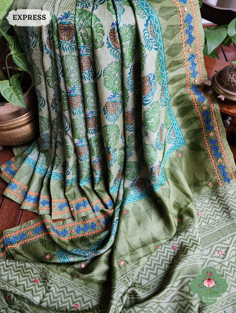 Zynah Green Hand-Block Printed Tussar Silk Saree With Kutch Embroidery; Custom Stitched/Ready-made Blouse, Fall, Petticoat; SKU: 2805202506