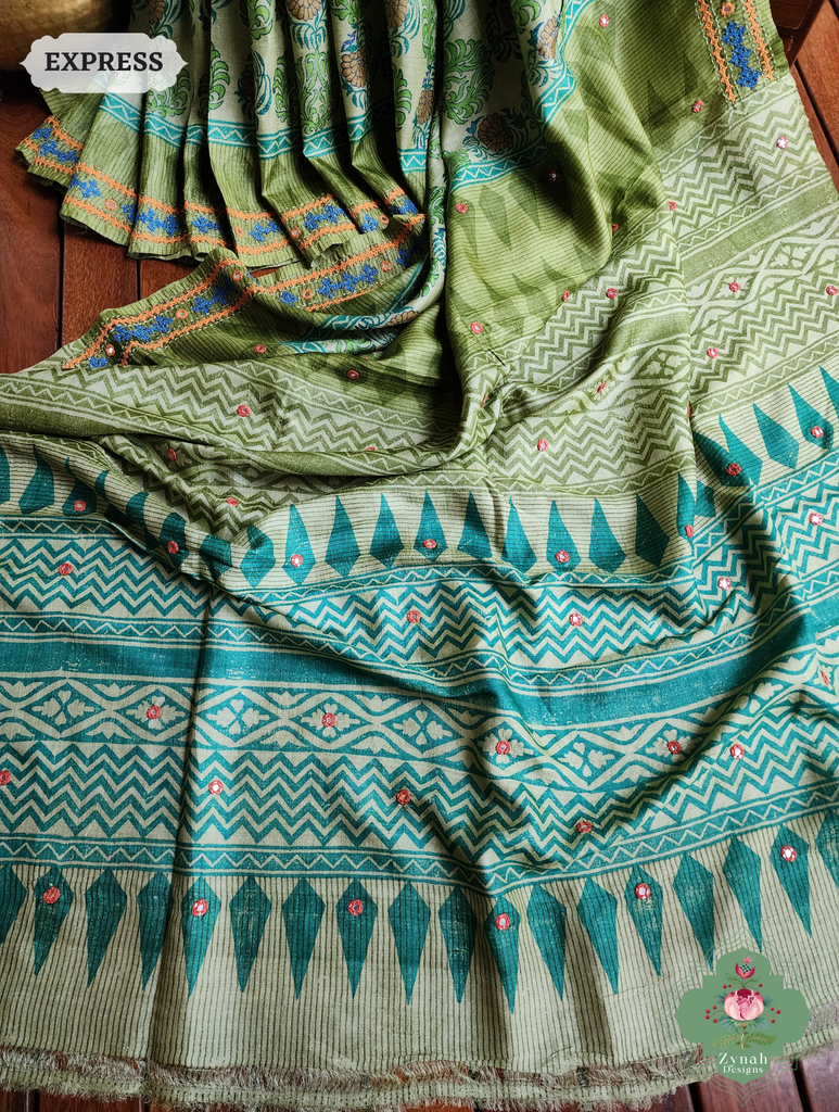 Zynah Green Hand-Block Printed Tussar Silk Saree With Kutch Embroidery; Custom Stitched/Ready-made Blouse, Fall, Petticoat; SKU: 2805202506