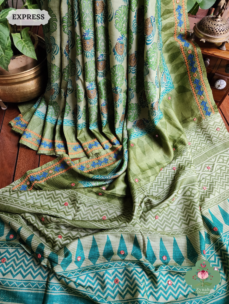 Zynah Green Hand-Block Printed Tussar Silk Saree With Kutch Embroidery; Custom Stitched/Ready-made Blouse, Fall, Petticoat; SKU: 2805202506