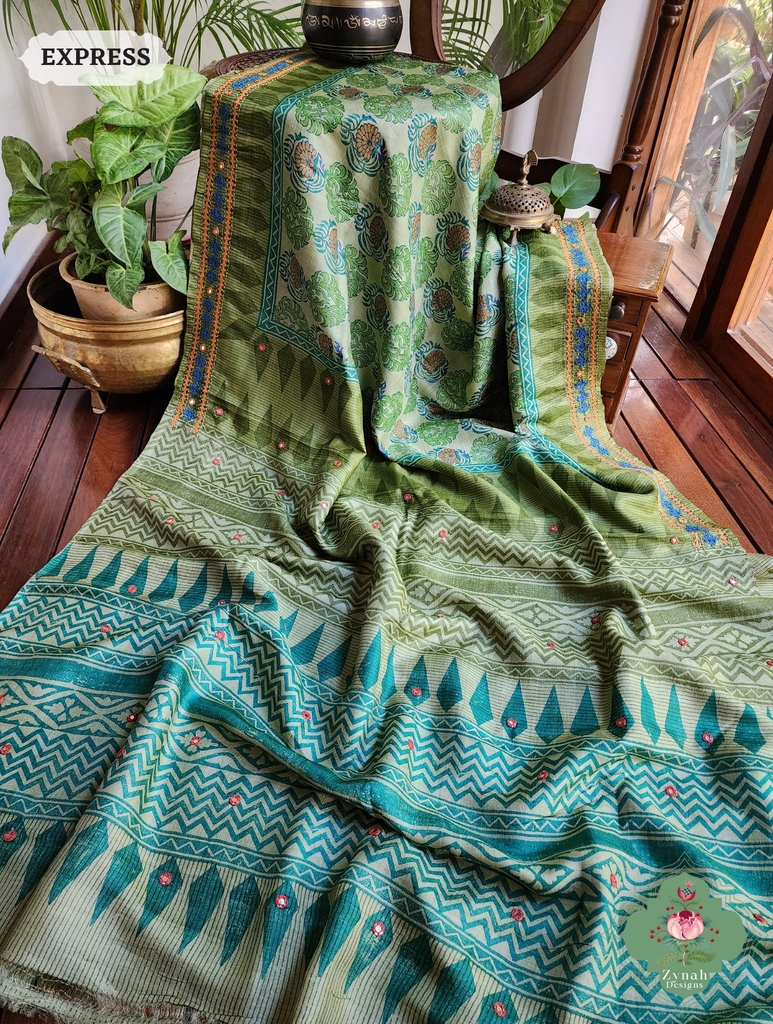 Zynah Green Hand-Block Printed Tussar Silk Saree With Kutch Embroidery; Custom Stitched/Ready-made Blouse, Fall, Petticoat; SKU: 2805202506