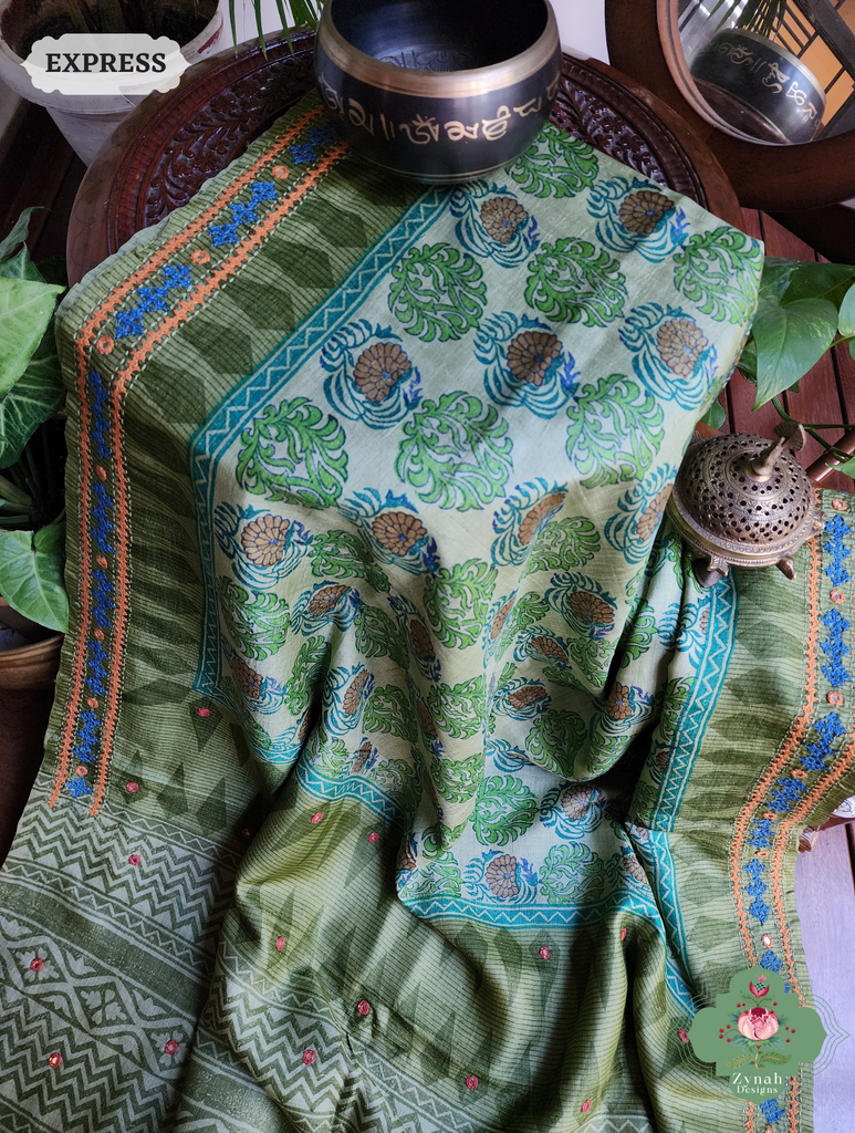 Zynah Green Hand-Block Printed Tussar Silk Saree With Kutch Embroidery; Custom Stitched/Ready-made Blouse, Fall, Petticoat; SKU: 2805202506