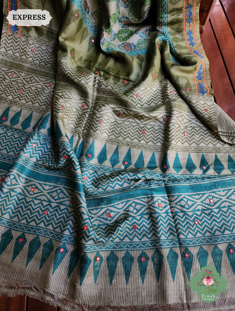 Zynah Green Hand-Block Printed Tussar Silk Saree With Kutch Embroidery; Custom Stitched/Ready-made Blouse, Fall, Petticoat; SKU: 2805202506