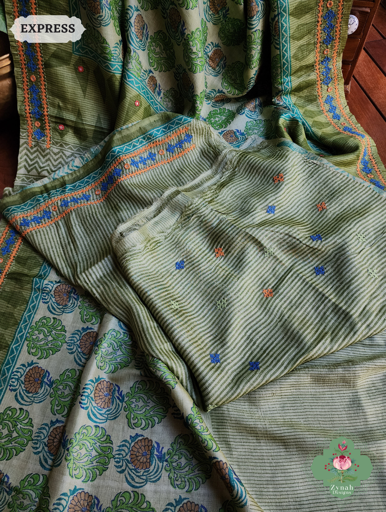 Zynah Green Hand-Block Printed Tussar Silk Saree With Kutch Embroidery; Custom Stitched/Ready-made Blouse, Fall, Petticoat; SKU: 2805202506
