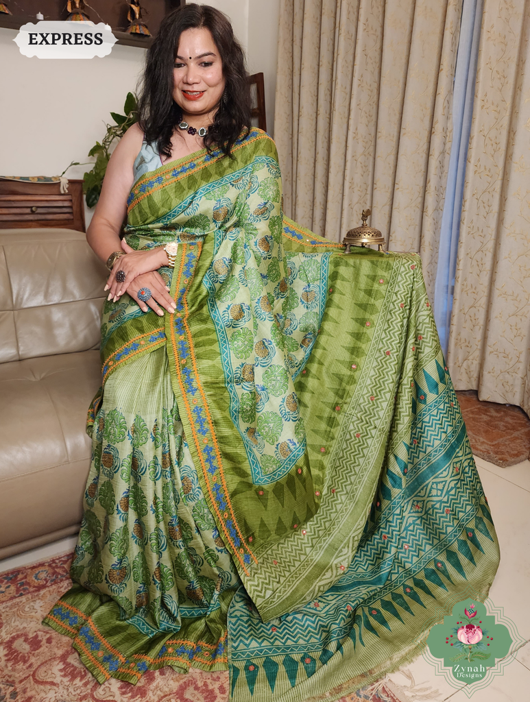Zynah Green Hand-Block Printed Tussar Silk Saree With Kutch Embroidery; Custom Stitched/Ready-made Blouse, Fall, Petticoat; SKU: 2805202506