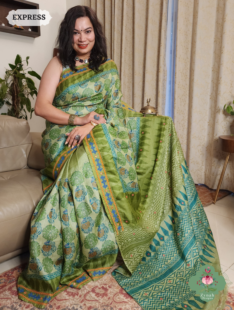 Zynah Green Hand-Block Printed Tussar Silk Saree With Kutch Embroidery; Custom Stitched/Ready-made Blouse, Fall, Petticoat; SKU: 2805202506
