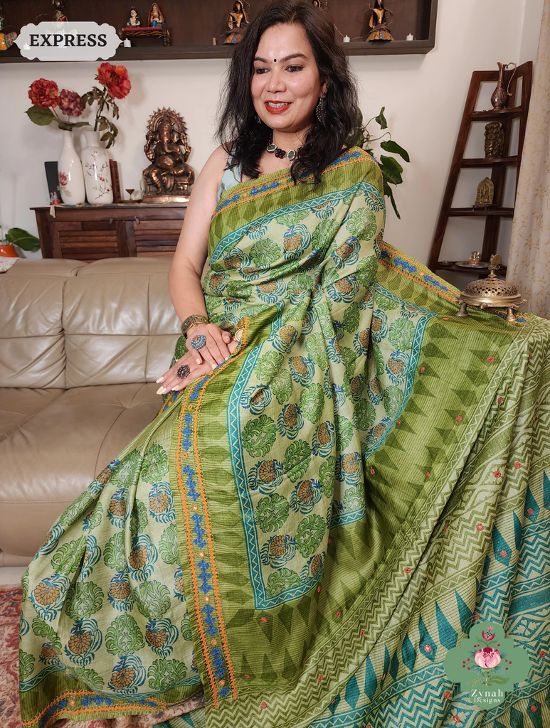 Zynah Green Hand-Block Printed Tussar Silk Saree With Kutch Embroidery; Custom Stitched/Ready-made Blouse, Fall, Petticoat; SKU: 2805202506