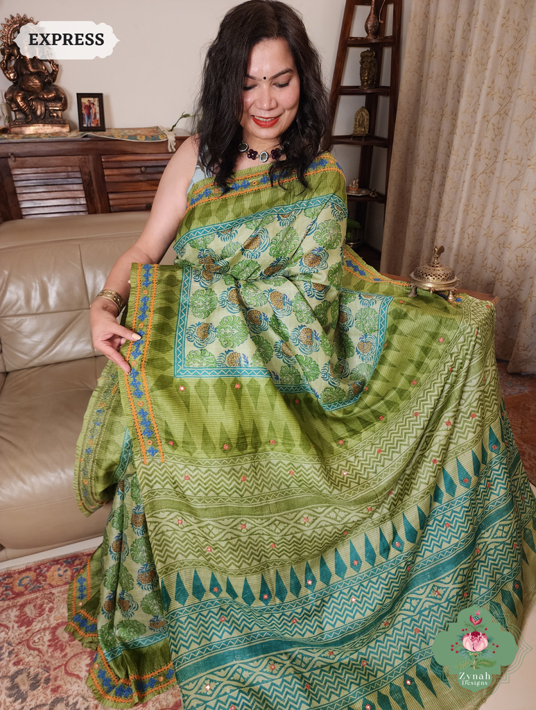 Zynah Green Hand-Block Printed Tussar Silk Saree With Kutch Embroidery; Custom Stitched/Ready-made Blouse, Fall, Petticoat; SKU: 2805202506