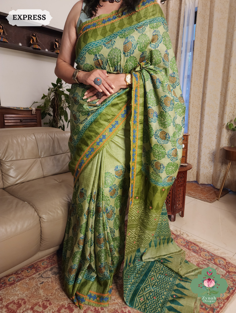 Zynah Green Hand-Block Printed Tussar Silk Saree With Kutch Embroidery; Custom Stitched/Ready-made Blouse, Fall, Petticoat; SKU: 2805202506