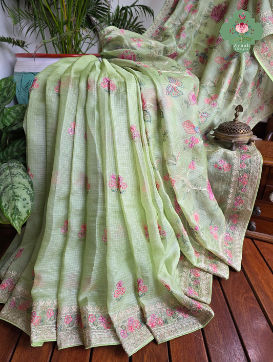 Summer Barefoot Green Kota Tussar Silk Saree With Embroidery