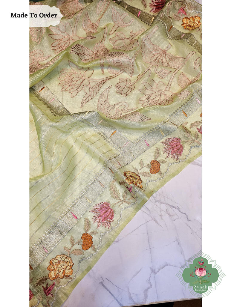 Zynah Made To Order Green Kota Tussar Silk Saree With Embroidery; Custom Stitched/Ready-made Blouse, Fall, Petticoat; SKU: 1510202502