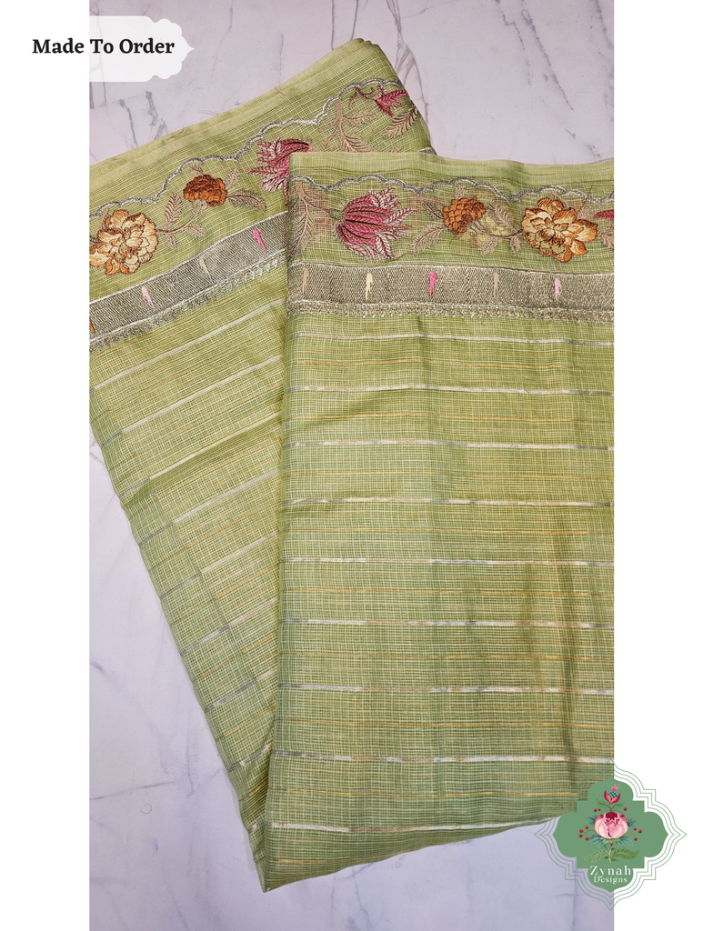 Zynah Made To Order Green Kota Tussar Silk Saree With Embroidery; Custom Stitched/Ready-made Blouse, Fall, Petticoat; SKU: 1510202502