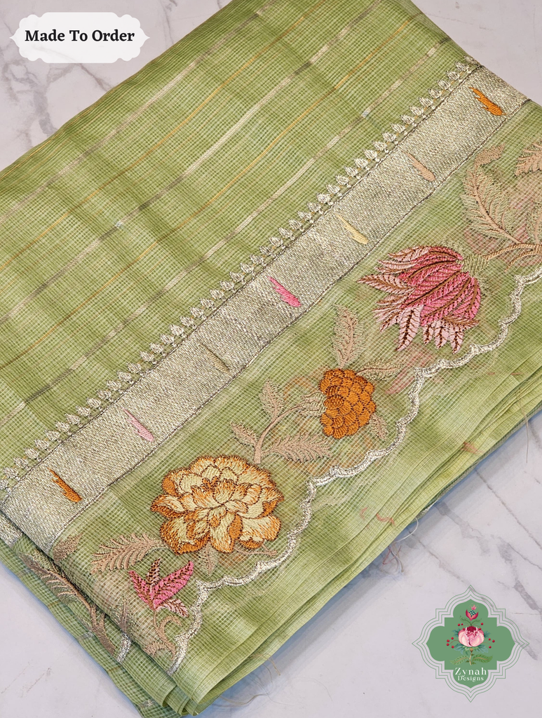 Zynah Made To Order Green Kota Tussar Silk Saree With Embroidery; Custom Stitched/Ready-made Blouse, Fall, Petticoat; SKU: 1510202502