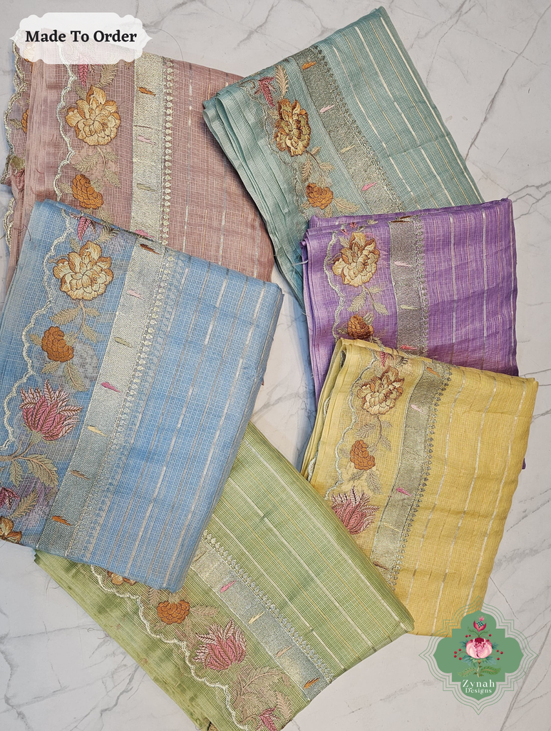 Zynah Made To Order Green Kota Tussar Silk Saree With Embroidery; Custom Stitched/Ready-made Blouse, Fall, Petticoat; SKU: 1510202502