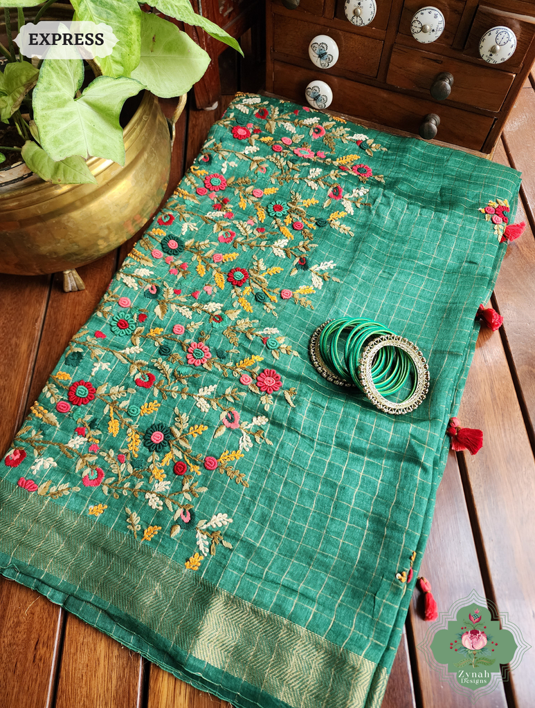 Green Linen Silk Saree With Frenchknot Hand Embroidery 11