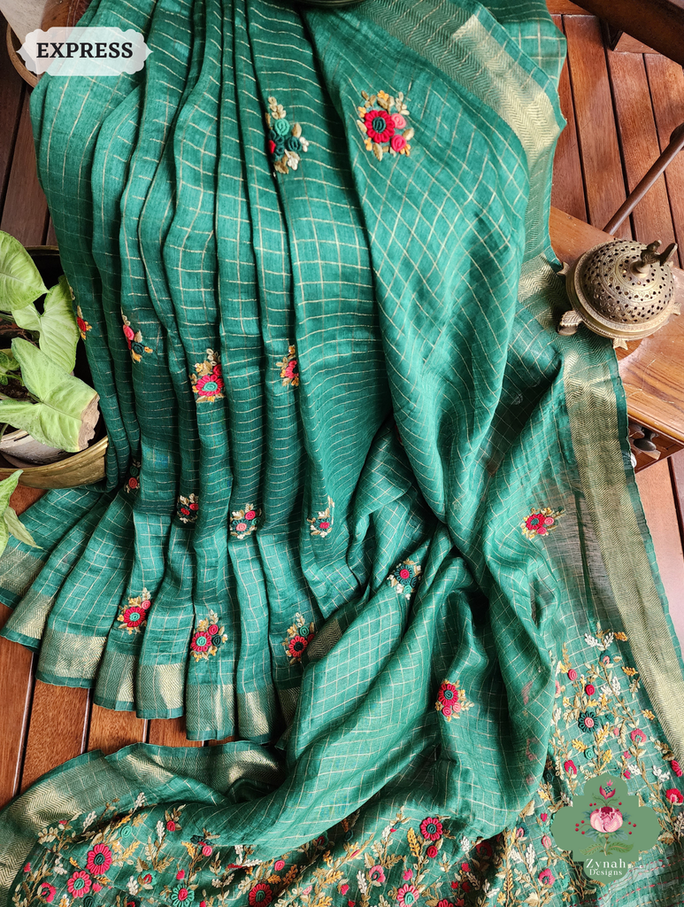 Zynah Green Linen Silk Saree With Frenchknot Hand Embroidery; Custom Stitched/Ready-made Blouse, Fall, Petticoat; SKU: 1206202401