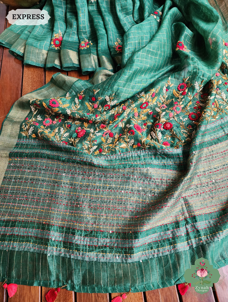 Green Linen Silk Saree With Frenchknot Hand Embroidery 5