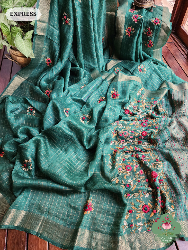 Green Linen Silk Saree With Frenchknot Hand Embroidery 6