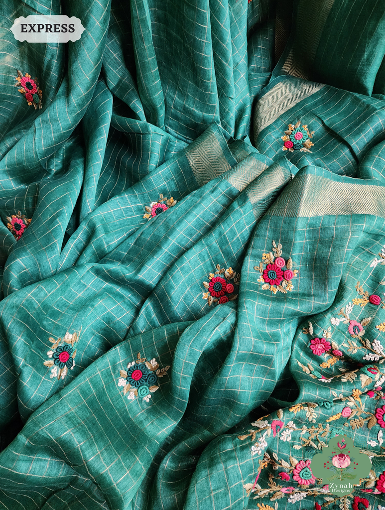 Green Linen Silk Saree With Frenchknot Hand Embroidery 7
