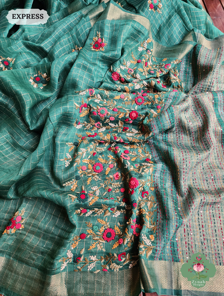 Green Linen Silk Saree With Frenchknot Hand Embroidery 9