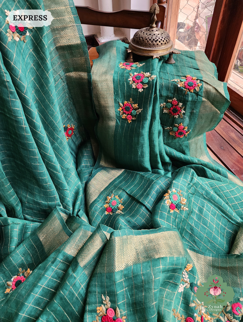 Green Linen Silk Saree With Frenchknot Hand Embroidery 10