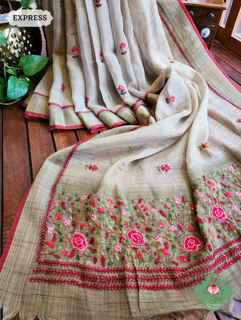 Green Linen Tissue Saree With Frenchknot Hand Embroidery 4