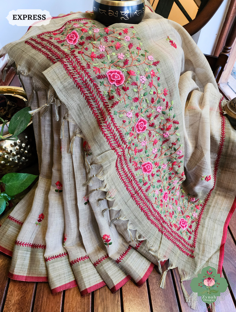 Green Linen Tissue Saree With Frenchknot Hand Embroidery 5