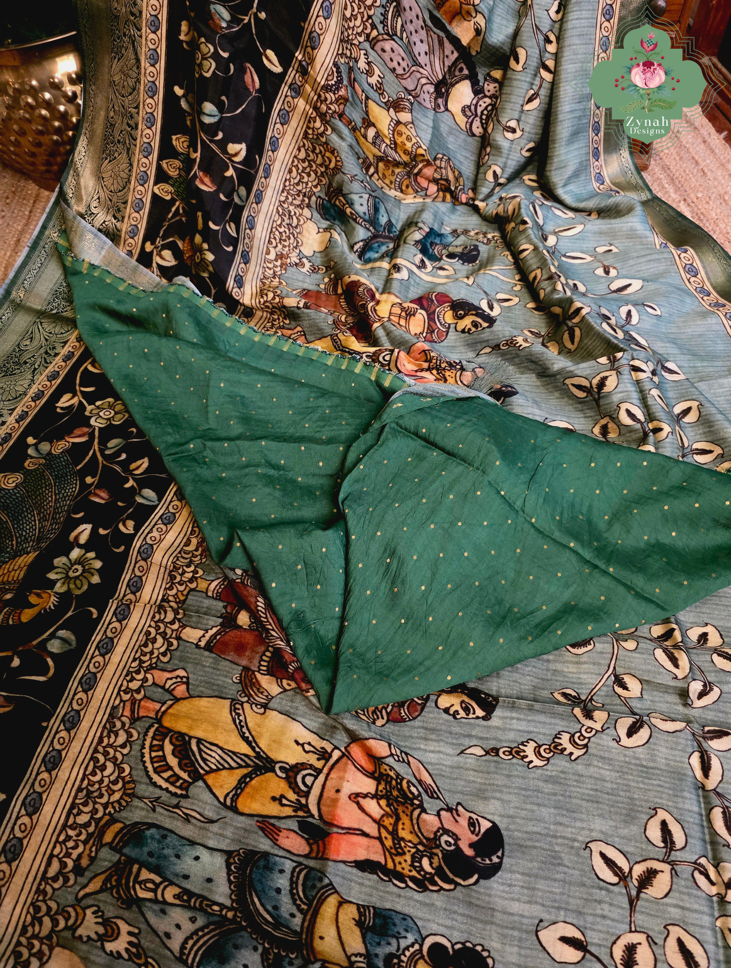 Zynah Harit Kalam – Green Munga Silk Saree with Traditional Kalamkari Print