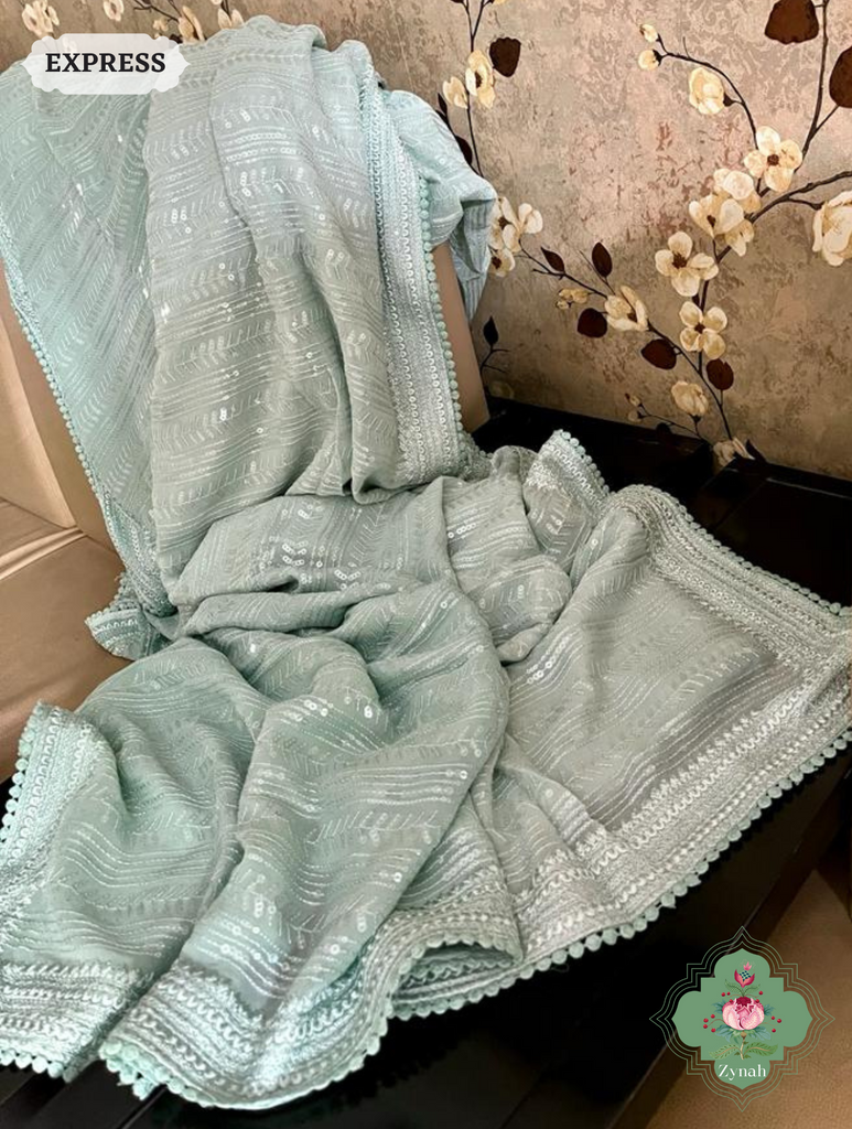 Green Ombre Georgette Saree With All Over Sequins Work